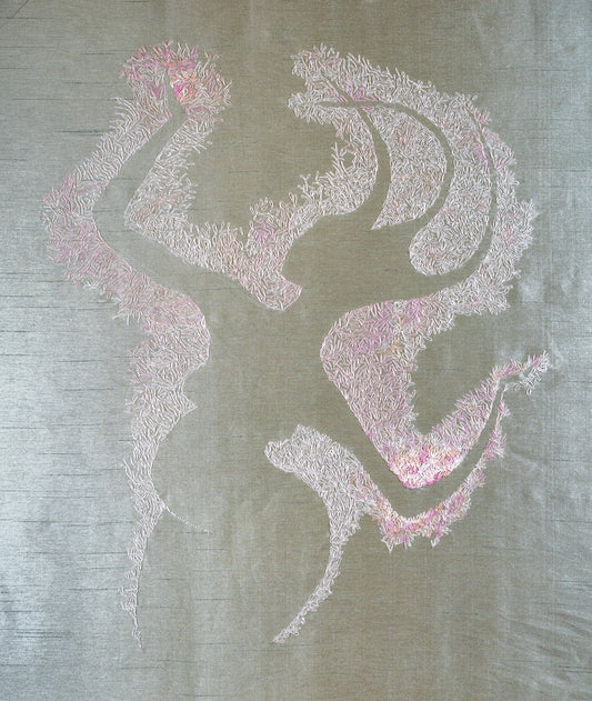 It is an abundance of peach blossoms creating the shape of a fertility goddess in the negative space. It is done in a variety of pink and peach threads on green raw silk.